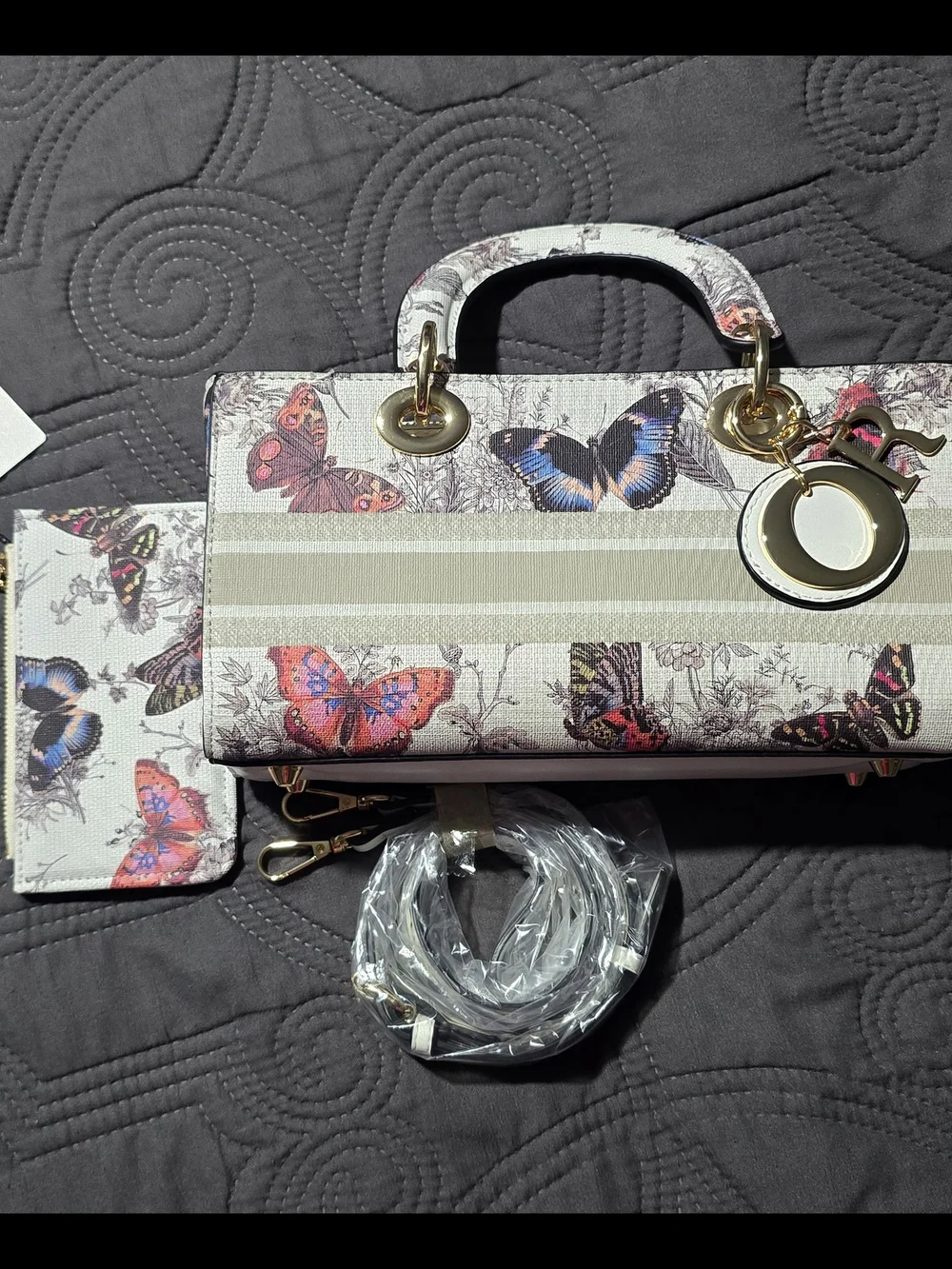 Butterfly Print White Top-Handle Bag